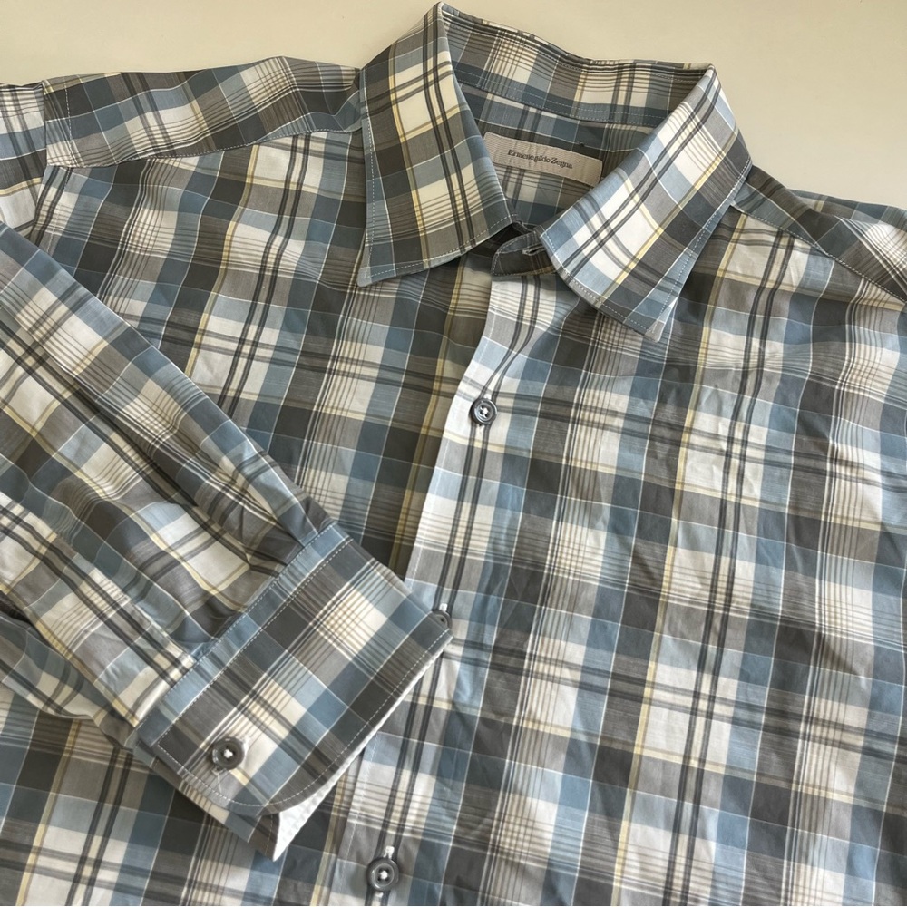 Ermenegildo Zegna Men’s Blue Gray Plaid Long Sleeve Button Down Large